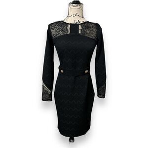Arefeva Women's Black Lace Overlay Long Sleeves Midi Evening Sheath Dress Small